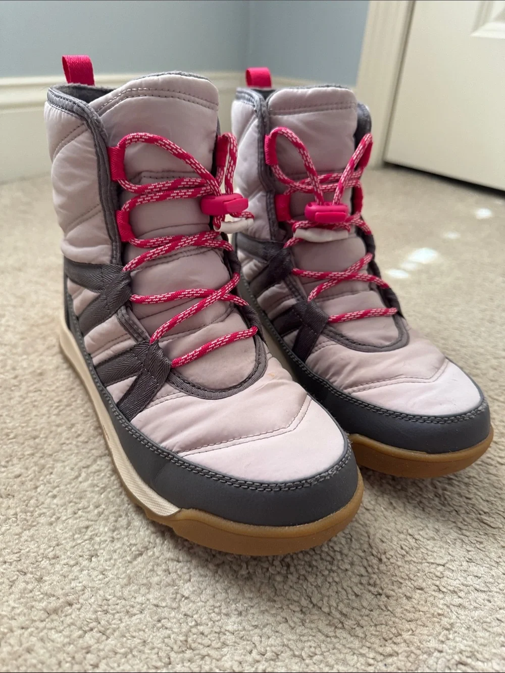 Kids Sz 5 Sorel Pink, Gray Quilted Winter Lace-Up Snow Boots